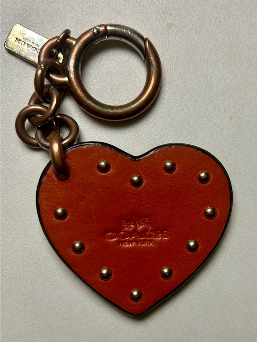 Coach keychain bag charm red leather heart with gold studs
